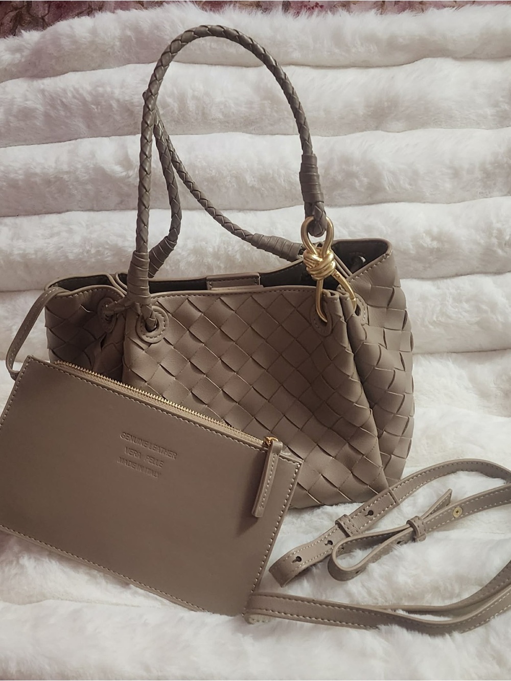 Small Woven Tote/crossbody Bag with Zip Pouch - Taupe